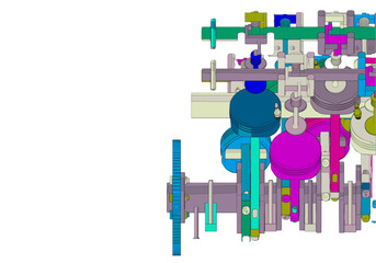 Multicolored V-shaped automobile engine on white background.