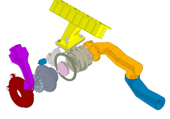 Multicolored turbine on a white background. Mechanical engineering.