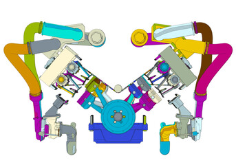 Multicolored V-shaped automobile engine on white background.