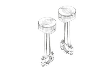 Two pistons on a white background. Mechanical engineering.