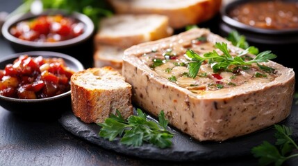 Delicious Meat Pâté with Bread and Condiments