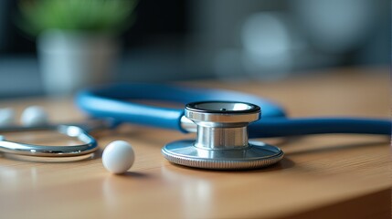 Close Up of a Stethoscope With a Blue Tube and a Metallic Chest Piece, Placed on a Wooden Table.