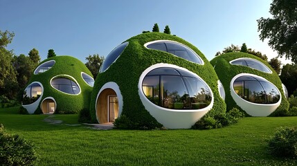 Modern Green Dome Houses with Lush Landscaping and Blue Sky