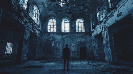 A solitary shadow looms in a derelict structure, its form stark against the crumbling walls, evoking an air of intrigue.