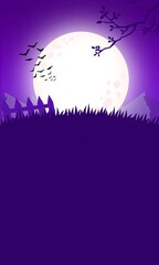 full moon with bats flying in the sky at the gravey landscape view. Halloween night horror background. Abstract Halloween background concept.