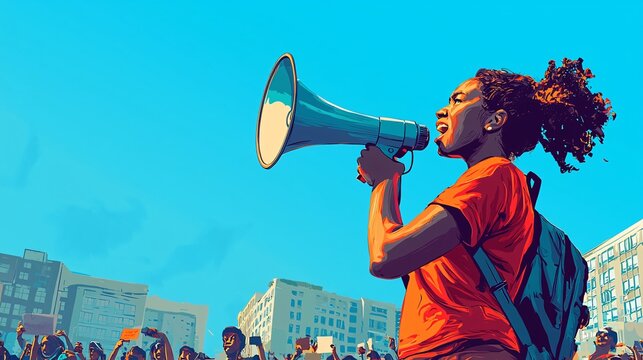 An enthusiastic advocate energizes a gathering for social justice beneath a bright, cloudless sky.