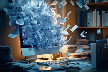 Eine Dokumentenflut kommt aus dem Computer geflogen, &Uuml;berarbeitung, fehlende Digitalisierung, Aktenberge, zu viel Arbeit, B&uuml;rochaos