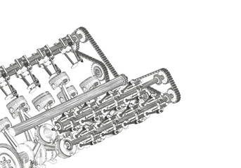 Black V-shaped car engine on white background.