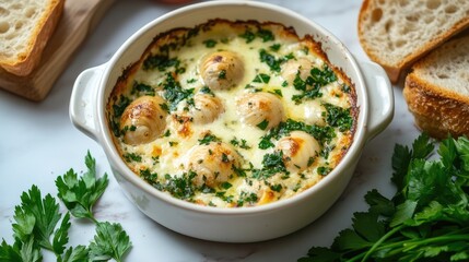 Creamy Baked Dish with Herbs and Bread Slices