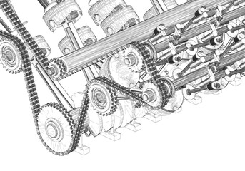 Black V-shaped car engine on white background.