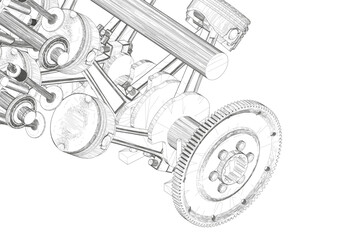 Black V-shaped car engine on white background.