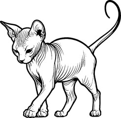 Black Line Art Stand Sphynx Cat Pet Hand Drawn Illustration