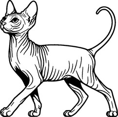 Black Line Art Stand Sphynx Cat Pet Hand Drawn Illustration