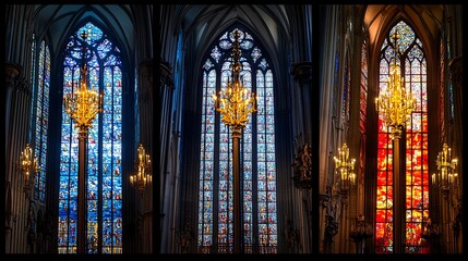 Obraz premium Stained Glass Windows and Chandelier in a Gothic Cathedral Interior
