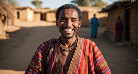 Fototapeta premium Adult Ethiopian man in traditional robes joyful smile portrait photo village background