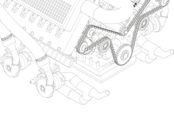 Black V-shaped car engine on white background.