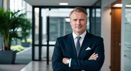 Adult German man in formal business attire confident smile portrait photo modern skyscraper background