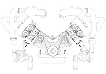 Black V-shaped car engine on white background.