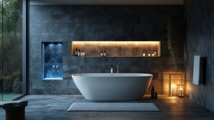 Modern bathroom with a white bathtub, grey tile walls, and a large window overlooking a garden.