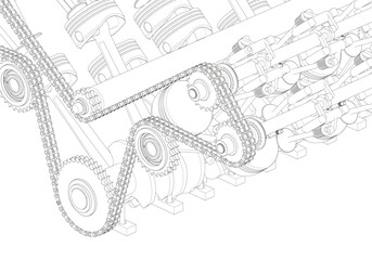 Black V-shaped car engine on white background.