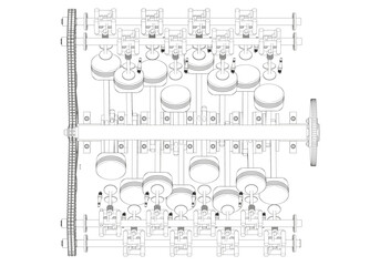 Black V-shaped car engine on white background.