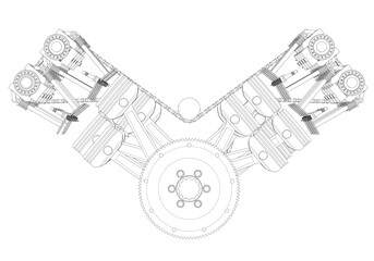 Black V-shaped car engine on white background.