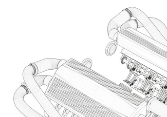 Black V-shaped car engine on white background.