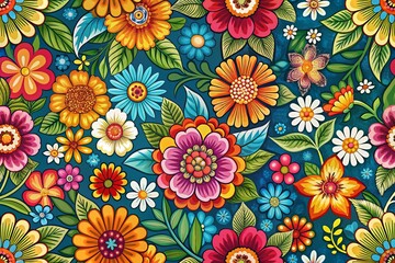 Retro Hippie Floral Seamless Pattern with Modern Vintage Style Flowers and Leaves for Home Decor and Fashion