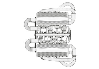 Black V-shaped car engine on white background.