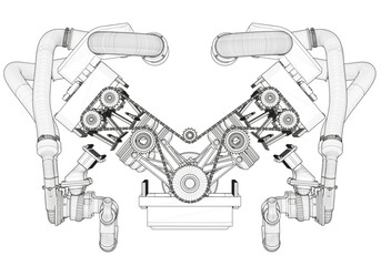 Black V-shaped car engine on white background.