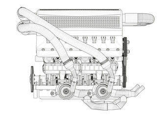 Black V-shaped car engine on white background.