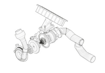 Black V-shaped car engine on white background.