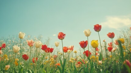 Fototapeta premium Vibrant Tulip Field Under Clear Blue Sky