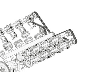 Black V-shaped car engine on white background.