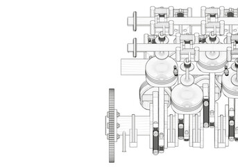 Black V-shaped car engine on white background.