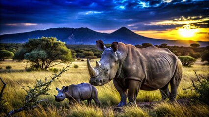 Fototapeta premium Rhino Mother and Baby in Waterberg: A Stunning Wildlife Encounter