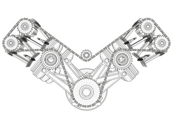 Black V-shaped car engine on white background.