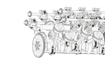 Black V-shaped car engine on white background.