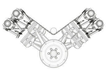 Black V-shaped car engine on white background.
