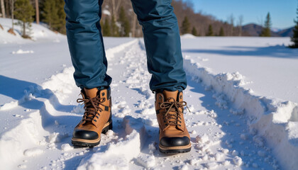 Hiking boots in snow on sunny winter day