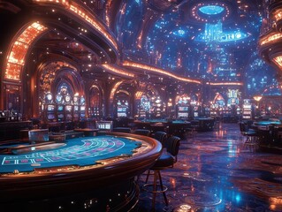inside a vibrant casino, roulette and card tables come to life in the dim lighting, creating an electrifying atmosphere filled with excitement and thrill for the players