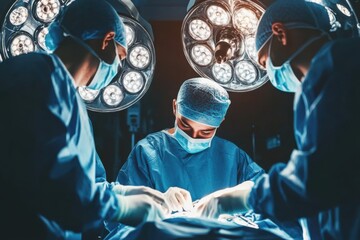A team of surgeons operating under bright surgical lights, focused expressions, medical equipment surrounding them