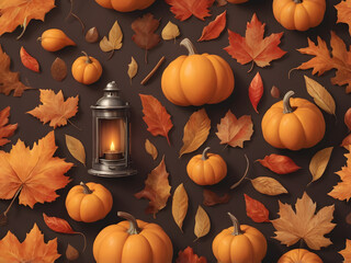  Pumpkins and leaves on a black background