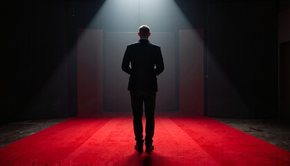 Obraz premium Man standing on a red carpet under a spotlight, movie premieres