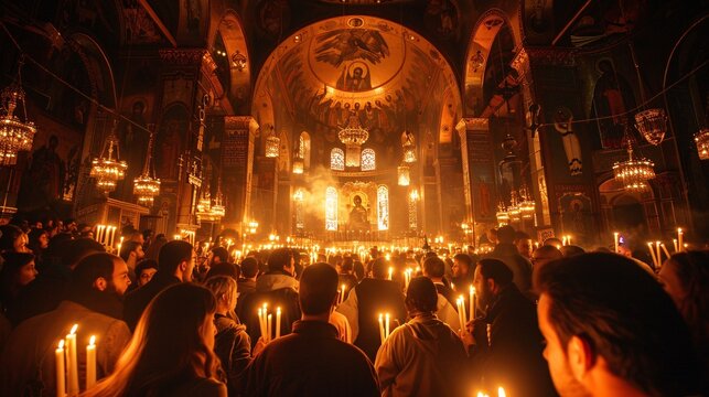 Easter service at a Greek Orthodox church in Athens with a procession and worshippers holding candles during a vigil mass. - Powered by Adobe