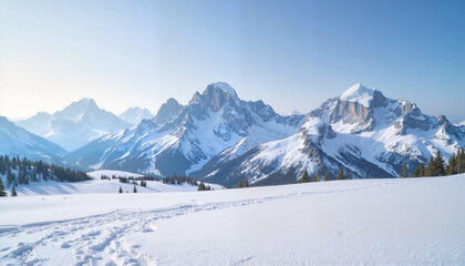 Snowy mountain range under a clear sky, ski resorts