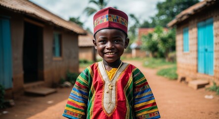 Fototapeta premium Nigerian kid boy in colorful traditional attire happy expression portrait photo village background