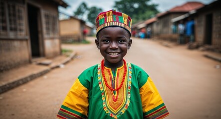 Fototapeta premium Nigerian kid boy in colorful traditional attire happy expression portrait photo village background