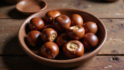 Obraz premium Bowl of roasted chestnuts on a rustic table, Seasonal menu