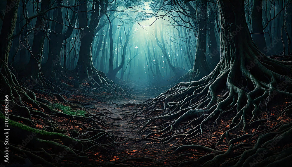 Wall mural dark enchanted forest background with twisted roots and shimmering lights